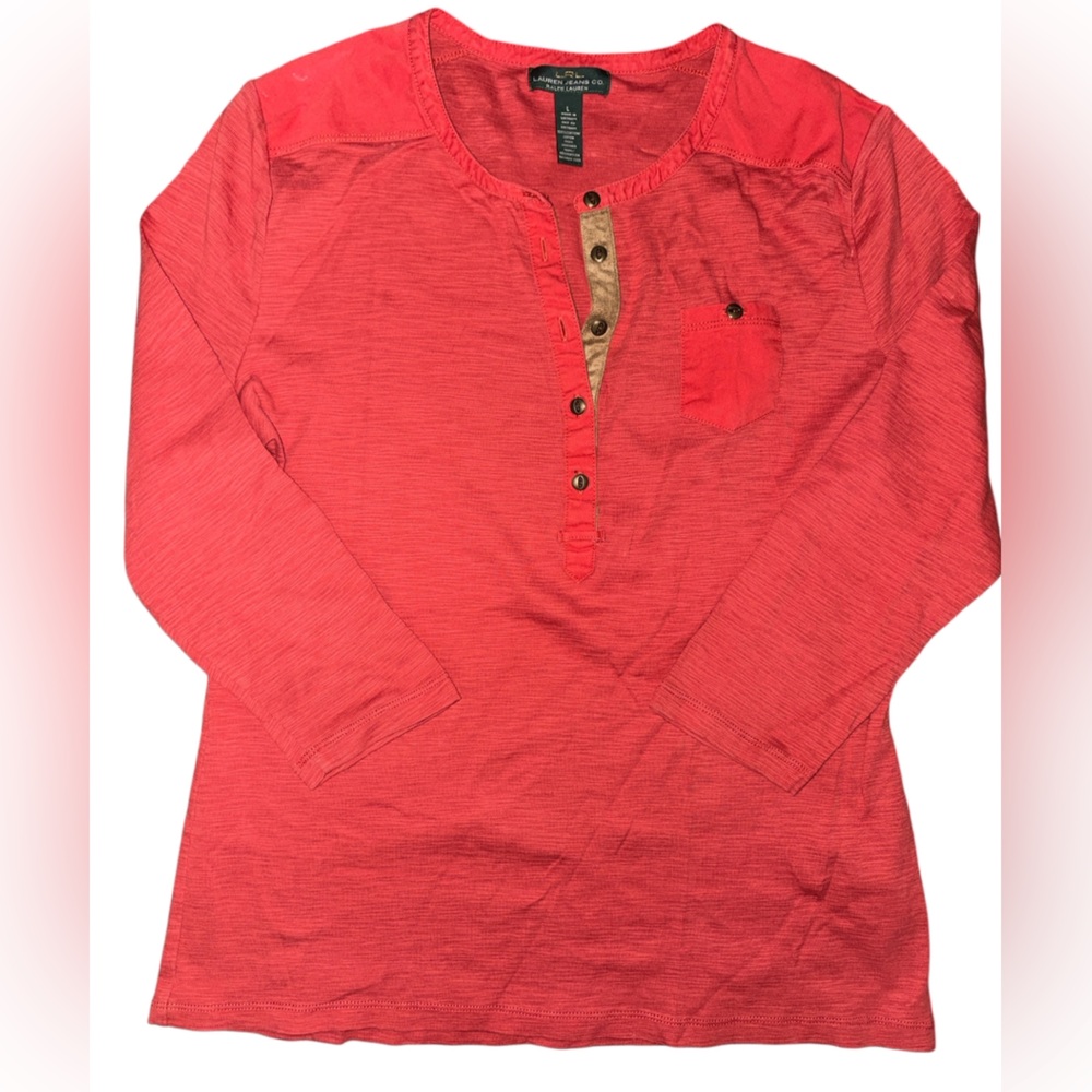 Lauren Ralph Lauren Coral Long-Sleeve Henley with Button Placket